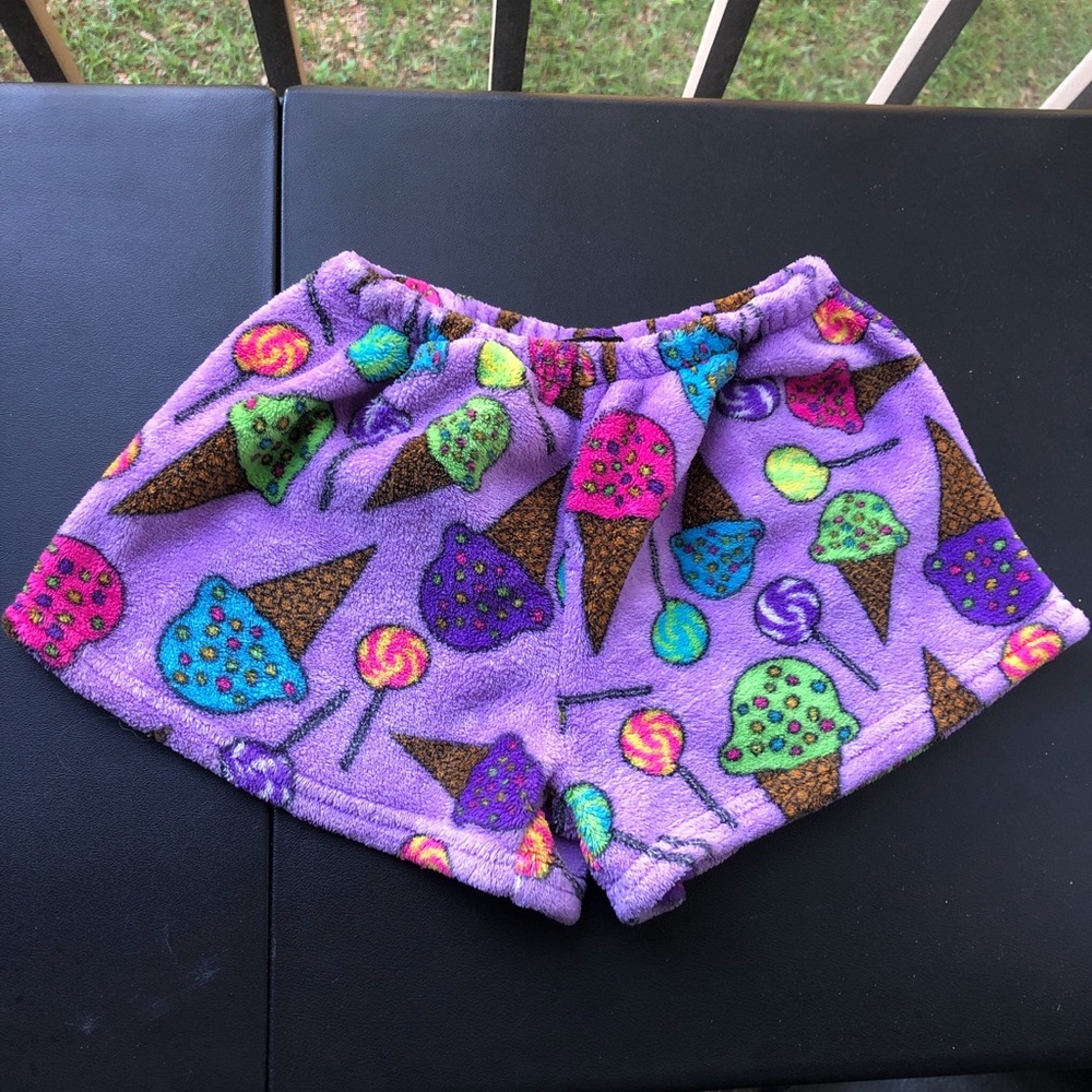 “Fuzzies by confetti” Purple colorful rainbow ice cream fleece shorts